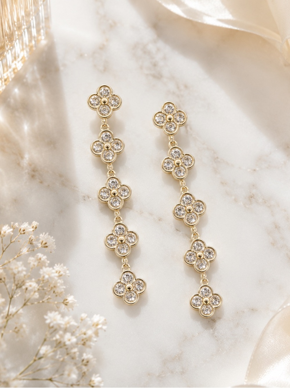 Gold Clover Drop Earrings ✨ Bridal, Prom, elegant long drop ✨ Statement piece